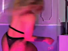 Big ass blonde in fishnet pole dance and striptease!