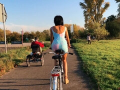 Naked German Brunette Bicycling Naked Outdoors in Public Park