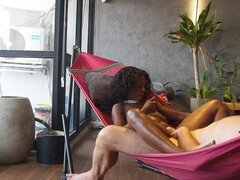 Ebony milf having her first hammock romp, he cums inside and it drips out