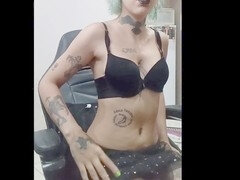 Goth girl with blue hair gets off in high heels