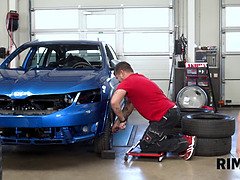 Rim4k. dame with huge tits is licking ass hole in the car repair shop