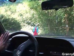 He picking up hitchhiking old granny for play