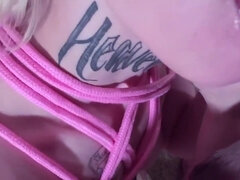 Young Nymph In Spider Gag & Tied Bondage Harness Gets Mouth Fucked