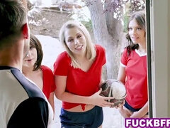 Watch these petite soccer babes destroy their BFF's ass with wild group sex