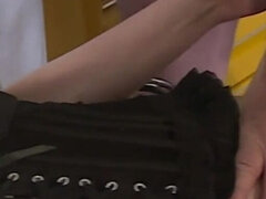 Sexy redhead gets fucked in threesome in the doctors office