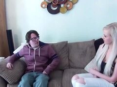 Attractive Blonde Teen Abbi Price Gives a Handjob to Nerd Cock