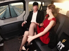 Naughty girl is stroking dude's cock with her nice feet