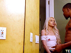 Tiny bombshell Elsa Jean stretched with gigantic ebony jizz-shotgun