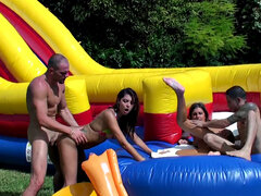 Latina babe with tattoos gets her bald pussy drilled in a wild outdoor group sex