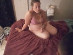 All-natural black-haired babe gives head and pleads for guy to cum on her big tits