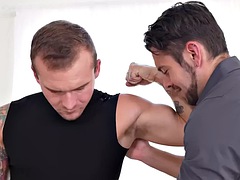 Hairy stud got an asshole in the office from his colleague after blowjob