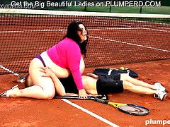 Obese woman facesits on her trainer at the tennis court