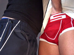 Jockstrap amateur stud gets fucked in public by window