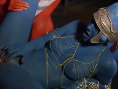 Slutty babes sharing a hard cock in cosplay threesome