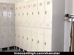 Thin cheerleader tied up and nailed by janitor