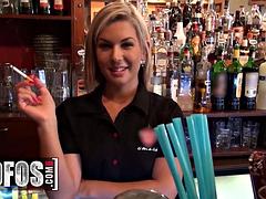 MOFOS - Barmaid Rihanna Samuel Gets Pounded And A Messy Cumshot From A Customer Behind The Bar