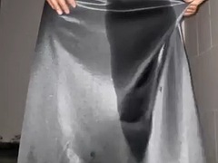 Long silver satin skirt pissed and fucked
