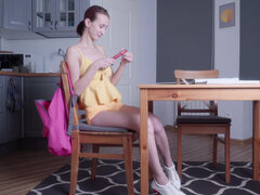 Russian slim Miss Nimpho fucks herself solo in the kitchen