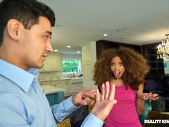 Curly-haired ebony with small cans gets screwed on the couch