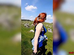 Easter walk with busty MILF Red XXX: topless & big tits bouncing