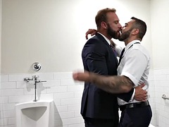 Stewardess fucks with a businessman in the toilet
