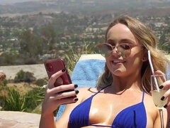 Slutty blonde deepthroats black cock of the pool man