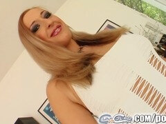 Euro blonde bombshell drenched in cum in a wild blow bang