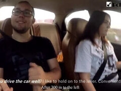 Girl jerks off a guy and masturbates herself while driving in public (talk)