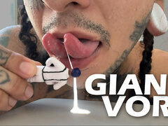 Giant Plays with Tiny Human, Lets Him Smell It and Devours Him After Spilling His Milk on His Face.