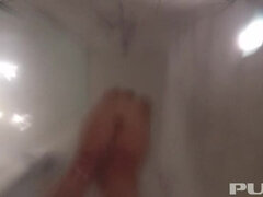 큰 가슴, 금발의, 피어싱, 샤워, 문신, 볶다, 젖은