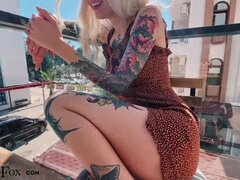 Sexy Blonde Play Pussy Sex Toy in the Public Cafe