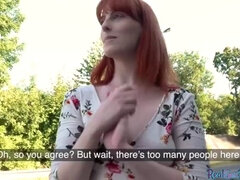 Redhead pulled doggy style outdoor after riding cock