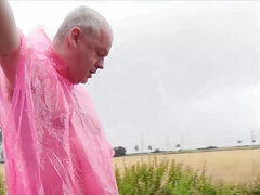 In Rain Cape, Tights and Slippers in the Drizzle