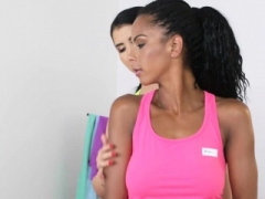 Tanned fitness broad and coach licking