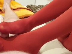 Footjob, black pantyhose, nylon fetish