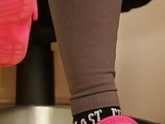 Under Desk Foot Play - Pink Clogs & Worn Socks