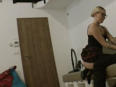Seductive Finnish blonde Mimi Cica in stockings and a mini skirt without panties attempts to allure her teacher