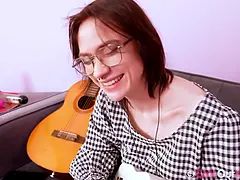 Small Titted Brunette in Glasses Squeezes Her Huge Clitoris and Plays with Vibrators