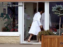 Angie Moon's tight pussy licked & fucked by an old dude on the white couch