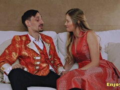Depravity light-haired deepthroats stiffy in tight tights, worships asshole