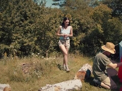 Tent owner impresses brunette and drills her in his magic tent