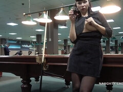 Naughty mom flashing big ass while playing Billiards in public pool bar - exhibitionist in solo fetish