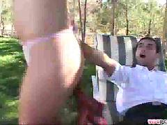 Cheeky lass gets loose on the loungechair: Blowjob, Cowgirl  Missonary Porn