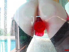 Grosser arsch, Grosse titten, Dildo, Frau, Masturbation, Rotschopf, Dusche, Solo