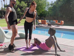 Interracial threesome with busty ebony shemale: Yoga Fuckery - Ana Andrews