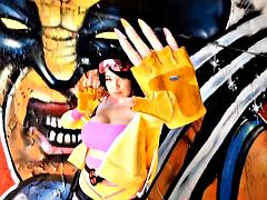 Big-Titted Jubilee in X-Men Cosplay: POV Clothed Public Nudity Tease on Stunning Beach