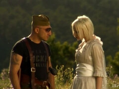 금발의, 사정 샷, 얼굴에, 야외의, 쓰리섬