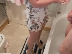 CFNM girlfriend gives relentless teasing handjob in bathroom while talking dirty