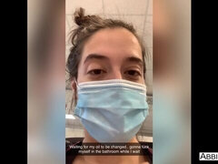 Good busty brunette Abbie Maley is touching her wet shaved pussy