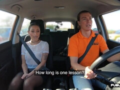 Petite student driver publicly sucks her instructor